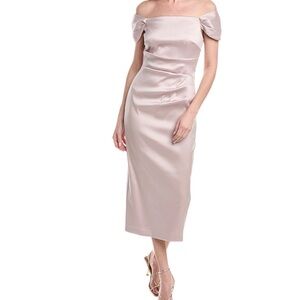 Off-Shoulder Satin Midi Dress in Blush